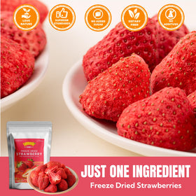 Luxsavia freeze-dried strawberries color-rich red, ideal for topping yogurt.