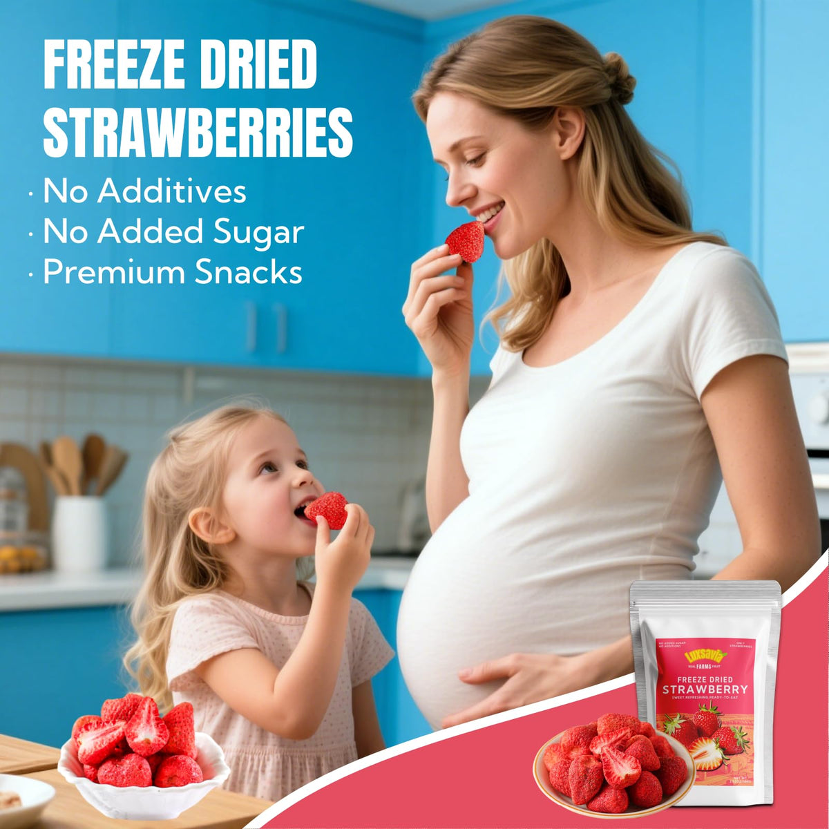 Luxsavia freeze-dried strawberries over cereal for a crunchy topping.
