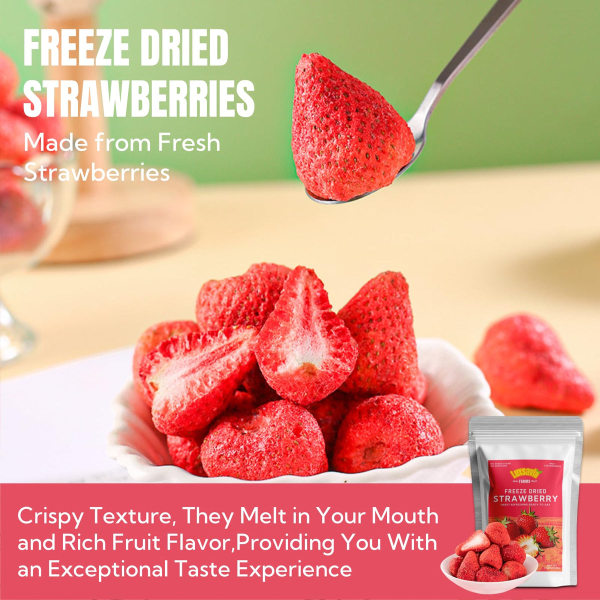 Luxsavia freeze-dried strawberries on yogurt enhances flavor and texture.
