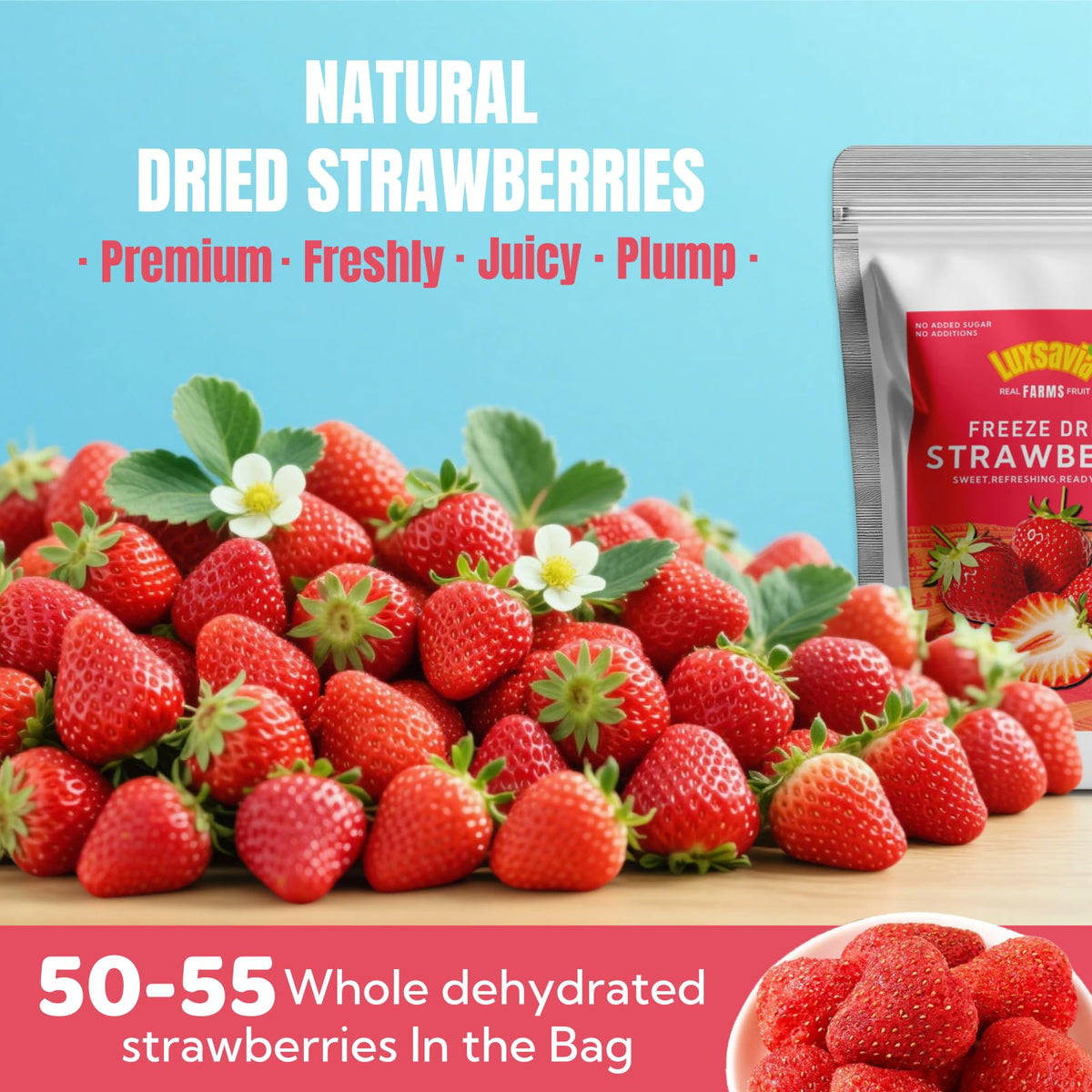 Luxsavia freeze-dried strawberries packaging view with no artificial additives.