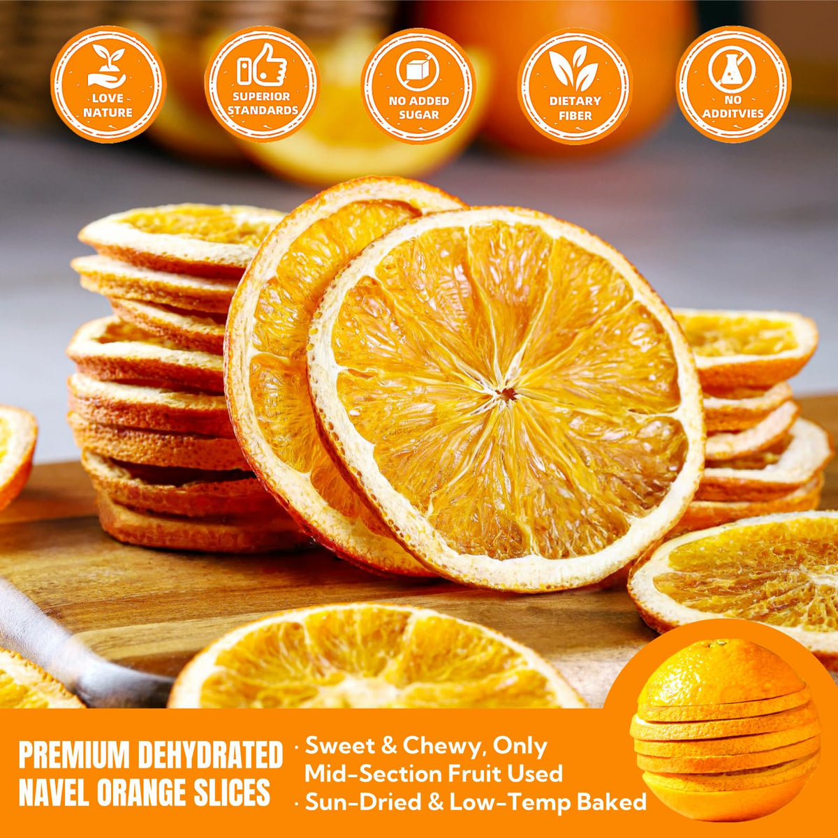 Luxsavia sun-dried orange slices showcase bright color and citrus aroma.