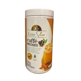 LuxeSkin by Anna Magkawas half-kilo Caffe Macchiato canister on shelf for premium daily ritual.
