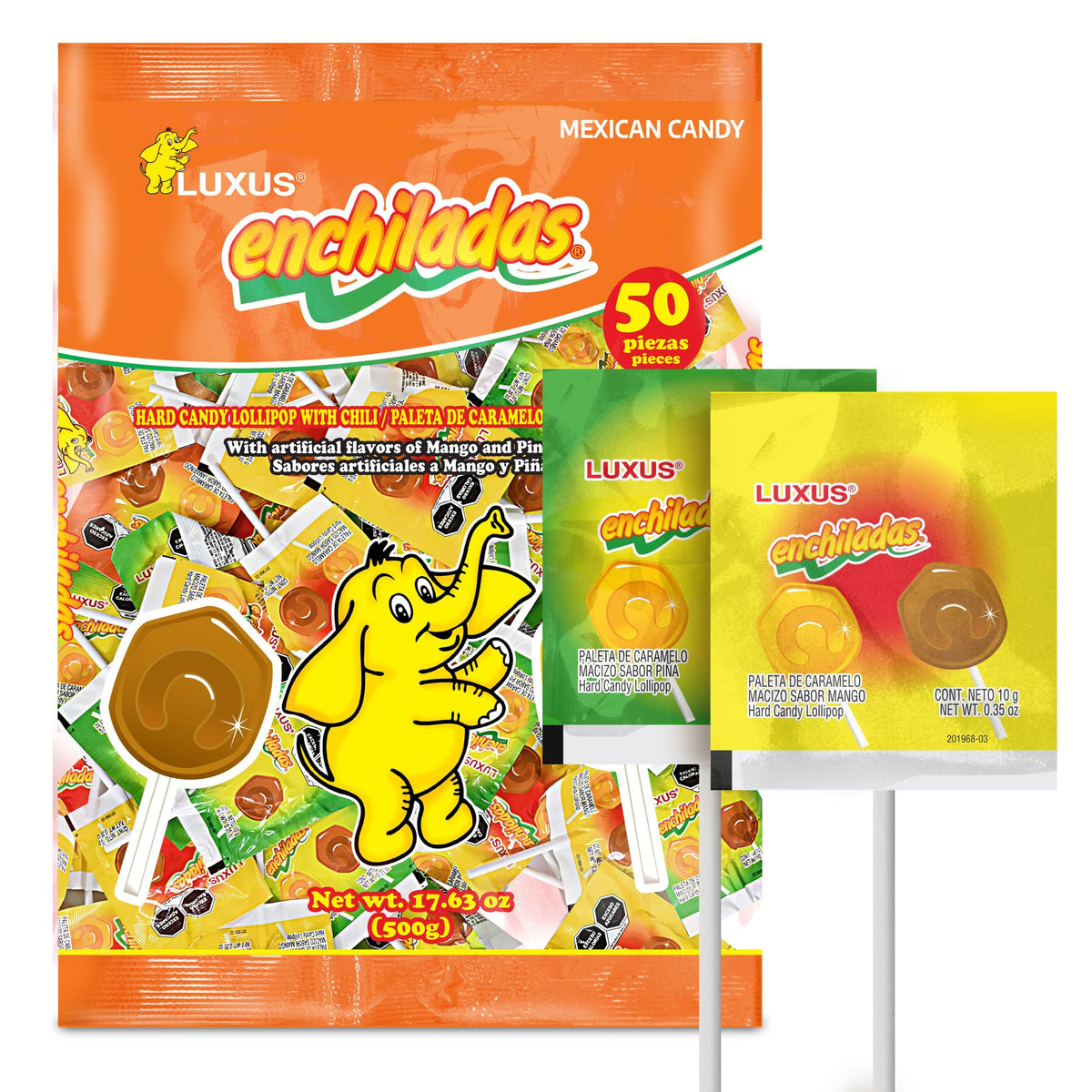Luxus Enchiladas 50ct bag front showing colorful candies for celebrations
