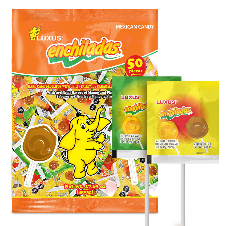 Luxus Enchiladas 50ct bag front showing colorful candies for celebrations