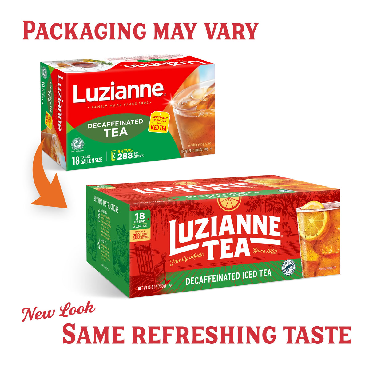 Luzianne decaf iced tea bags brewing to a clear, smooth glass without caffeine.