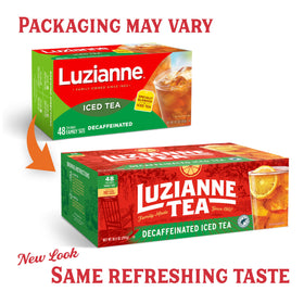 Luzianne decaf iced tea bags closeup orange pekoe shows premium blend.