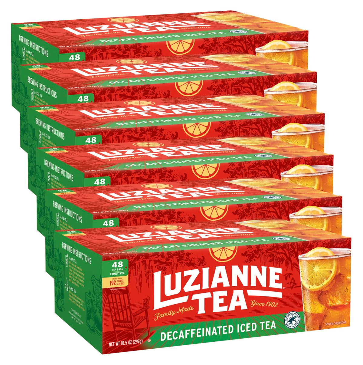 Luzianne decaf iced tea bags in a family-size 48ct box for gatherings.