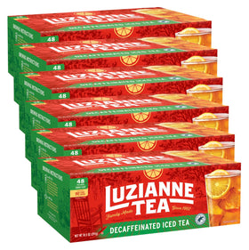 Luzianne decaf iced tea bags in a family-size 48ct box for gatherings.