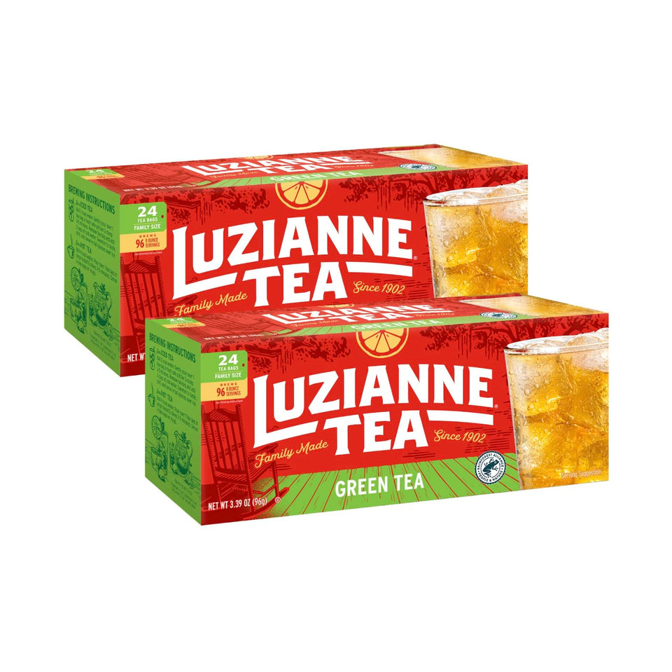 Luzianne green tea bags 24ct box close-up on a shelf, great for family iced tea.