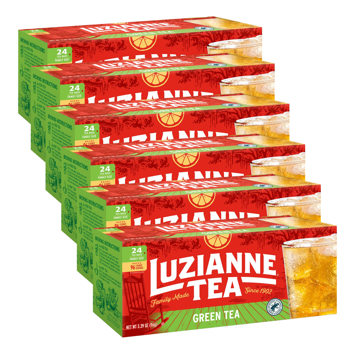 Luzianne green tea bags family-size box for easy iced tea at home.