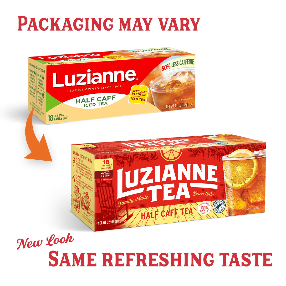 Luzianne half-caff tea bags brew into a smooth, flavorful glass.