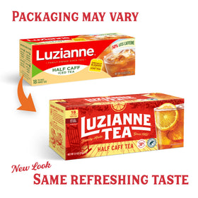 Luzianne half-caff tea bags brew into a smooth, flavorful glass.