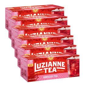 Luzianne hibiscus iced tea bags ready to brew a bright, refreshing glass.