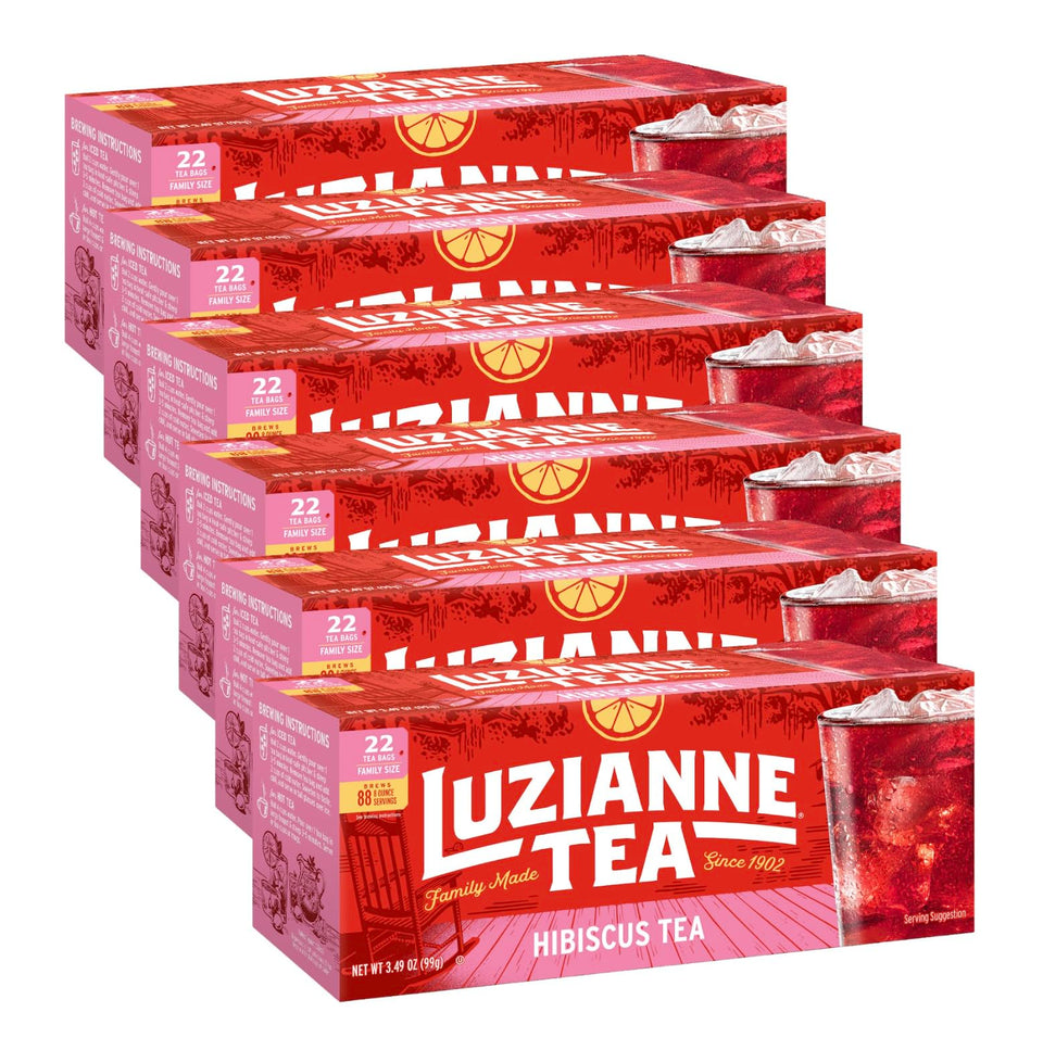 Luzianne hibiscus iced tea bags ready to brew a bright, refreshing glass.