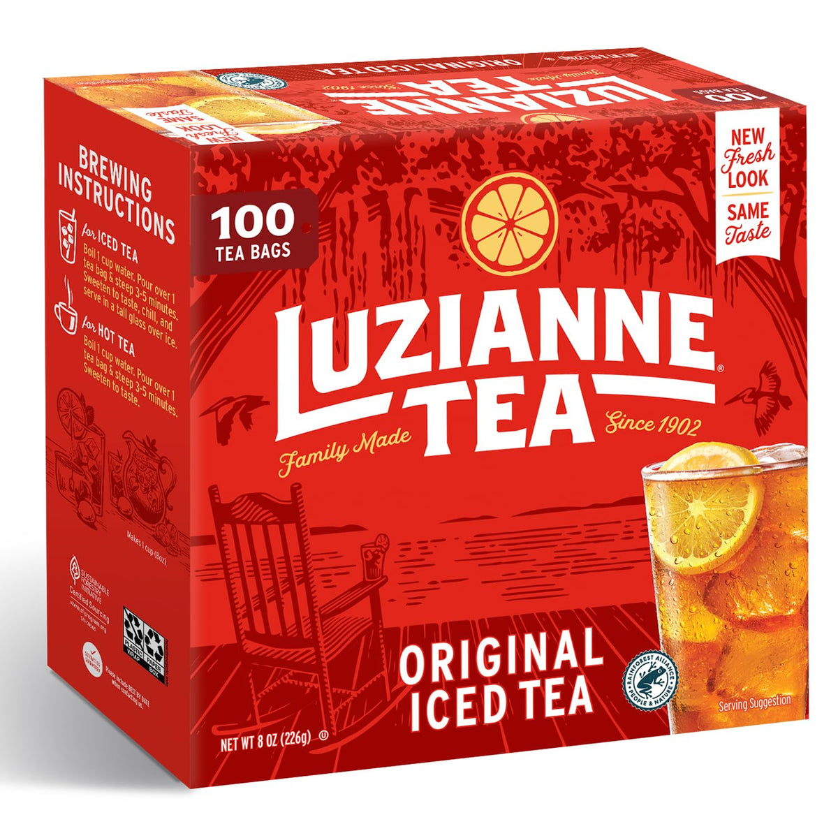 Luzianne unsweetened iced tea bags packaging for home brewing