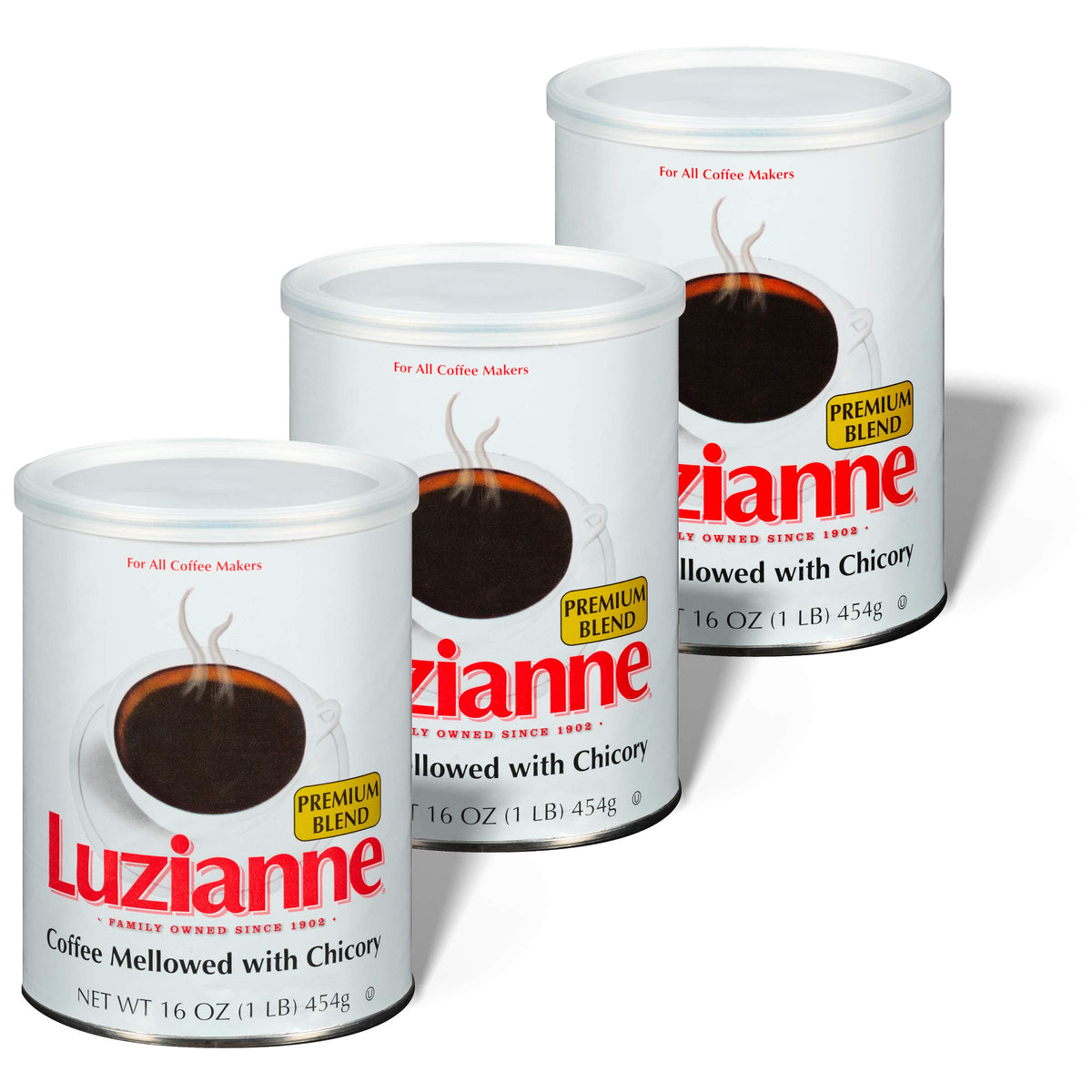 Luzianne Premium Blend canister front view for daily fresh coffee