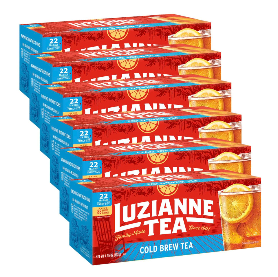 Luzianne unsweetened cold brew tea bags in a box, ideal for quick iced tea