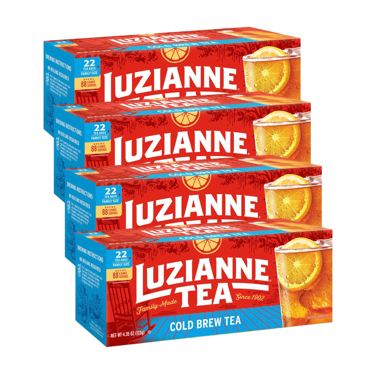 Luzianne unsweetened cold brew tea bags front box ready for quick iced tea