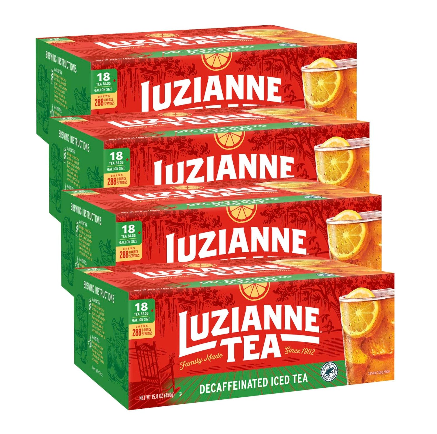 Luzianne Unsweetened Decaf Iced Tea Bags in a gallon box for caffeine-free refreshment.