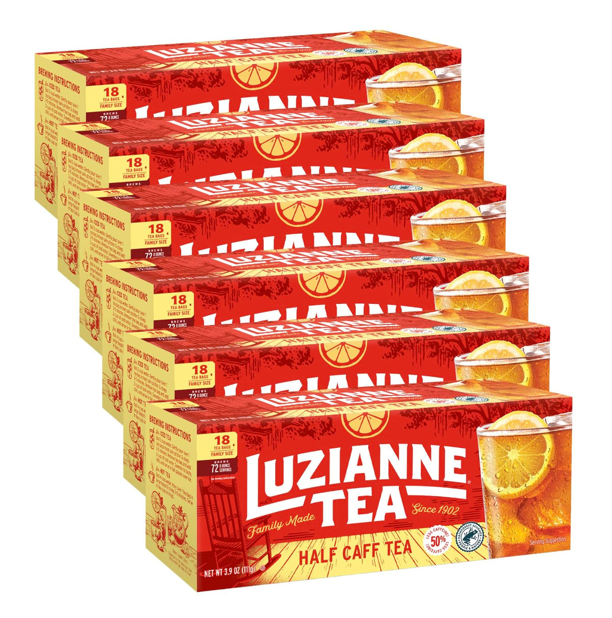 Luzianne unsweetened half-caff tea bags in a box, perfect for a light iced tea.
