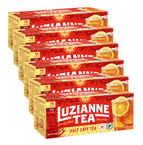 Luzianne unsweetened half-caff tea bags in a box, perfect for a light iced tea.