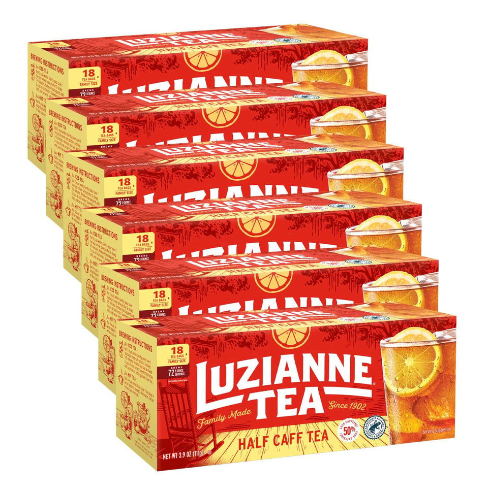 Luzianne unsweetened half-caff tea bags in a box, perfect for a light iced tea.