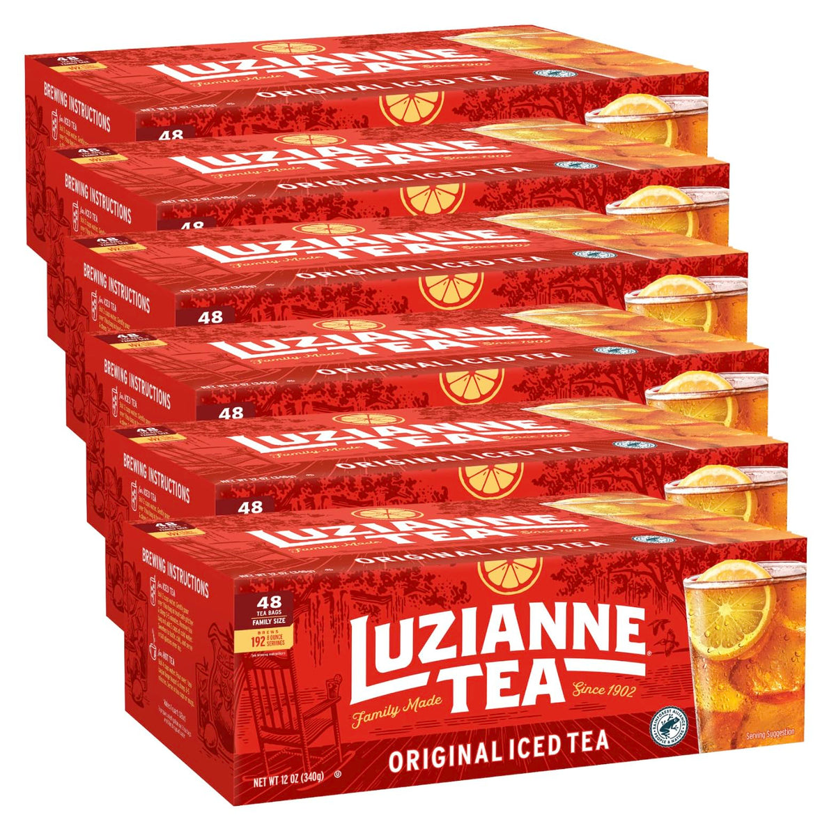 Luzianne Unsweetened Iced Tea Bags box ready for home brewing.