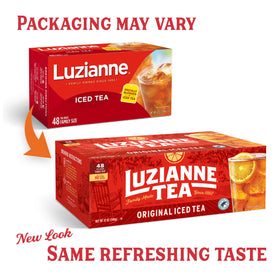 Luzianne unsweetened iced tea bags steeping into a refreshing glass.
