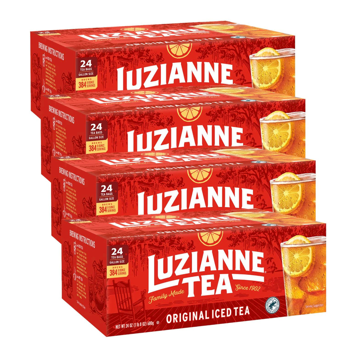 Luzianne unsweetened iced tea bags in a gallon-size box for easy home brewing.
