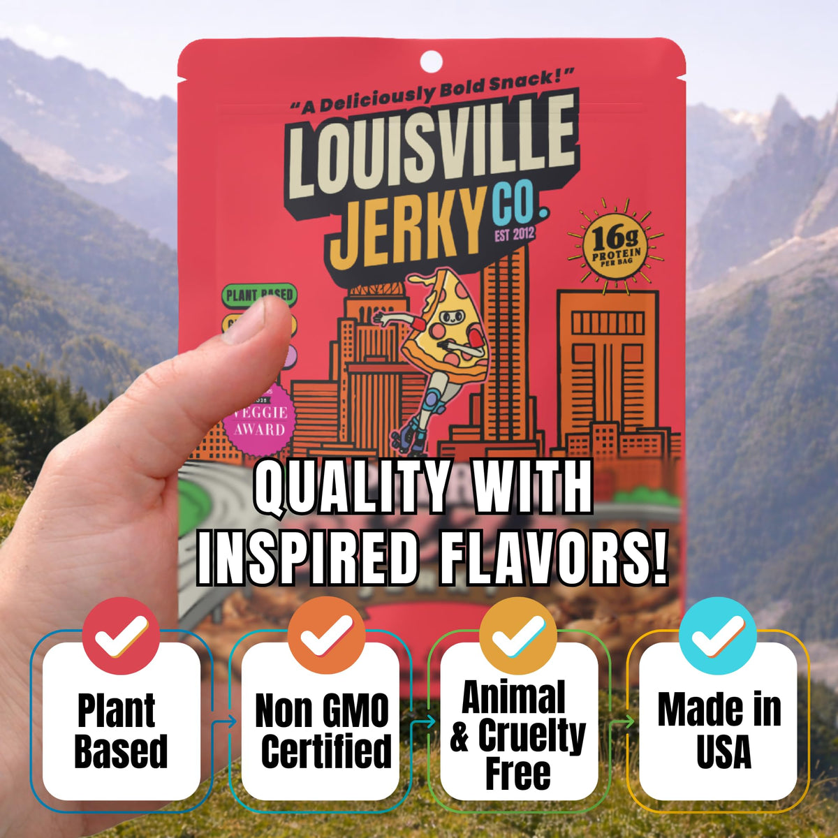 Louisville Vegan Jerky slices on shelf appeal