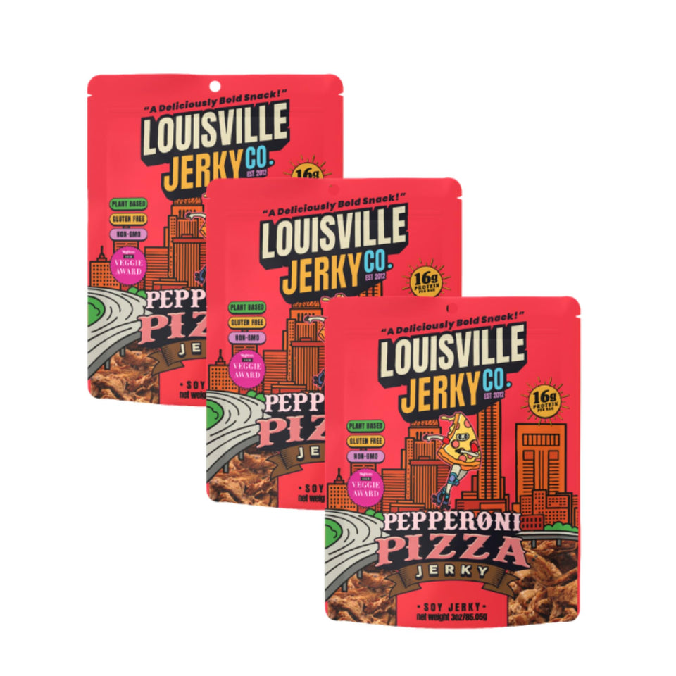 Louisville Vegan Jerky Pepperoni Pizza slices, high-protein snack for workouts