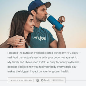 LyfeFuel Nutrition Shake vanilla close-up texture shows smooth, drinkable vegan protein.