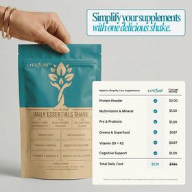 LyfeFuel Nutrition Shake vanilla ingredients bowl highlights 50+ superfoods and vitamins.