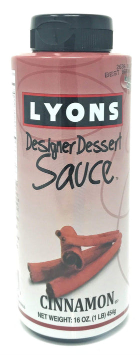 Lyons Cinnamon Designer Dessert Sauce bottle 16oz ready for dessert drizzle and creative toppings.