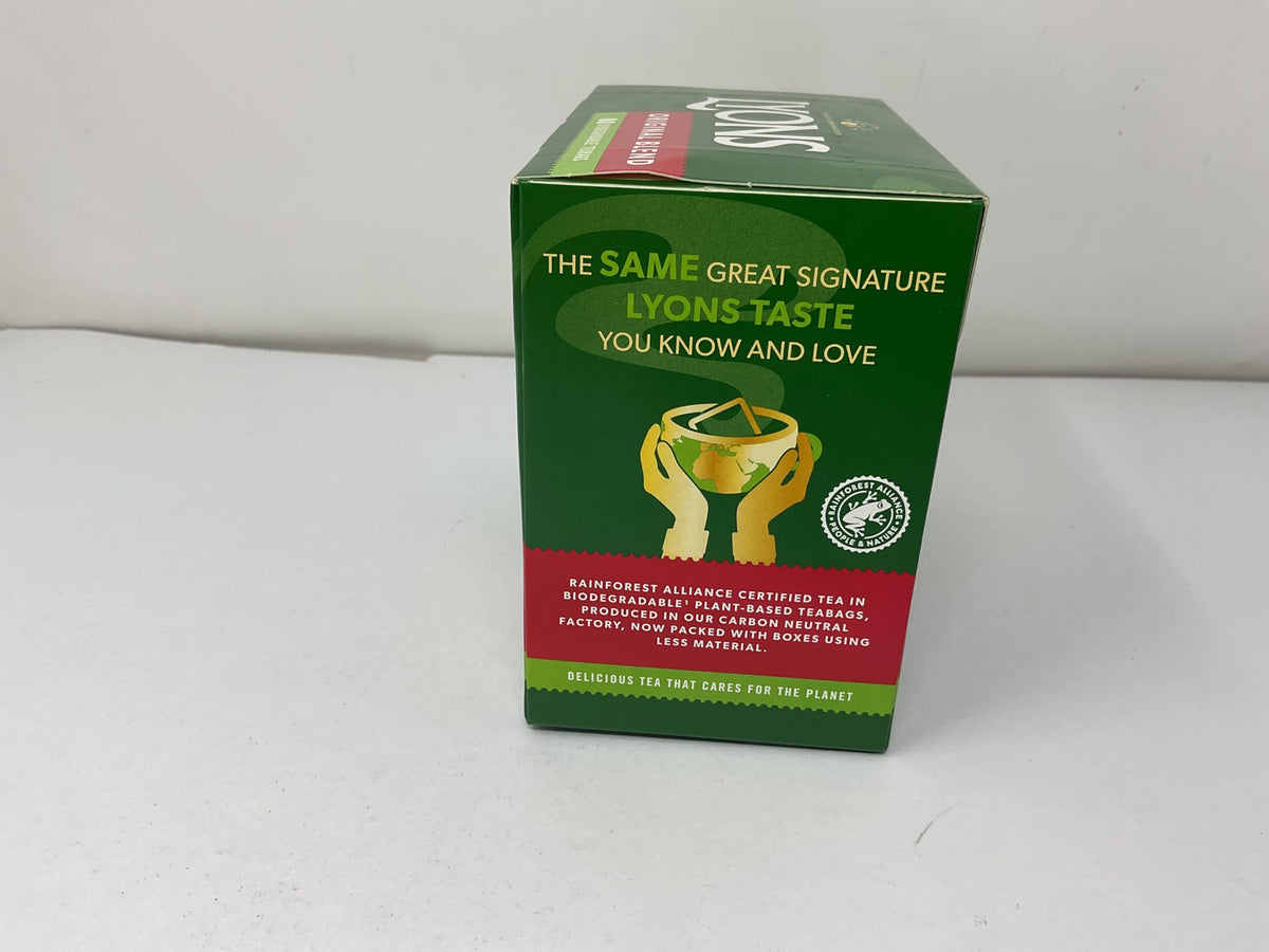 Lyons Original Blend tea bags shown with a cup, signaling a classic Irish tea moment.