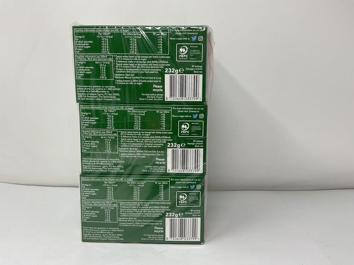 Lyons Original Blend pyramid tea bags promoting even infusion and rich flavor.