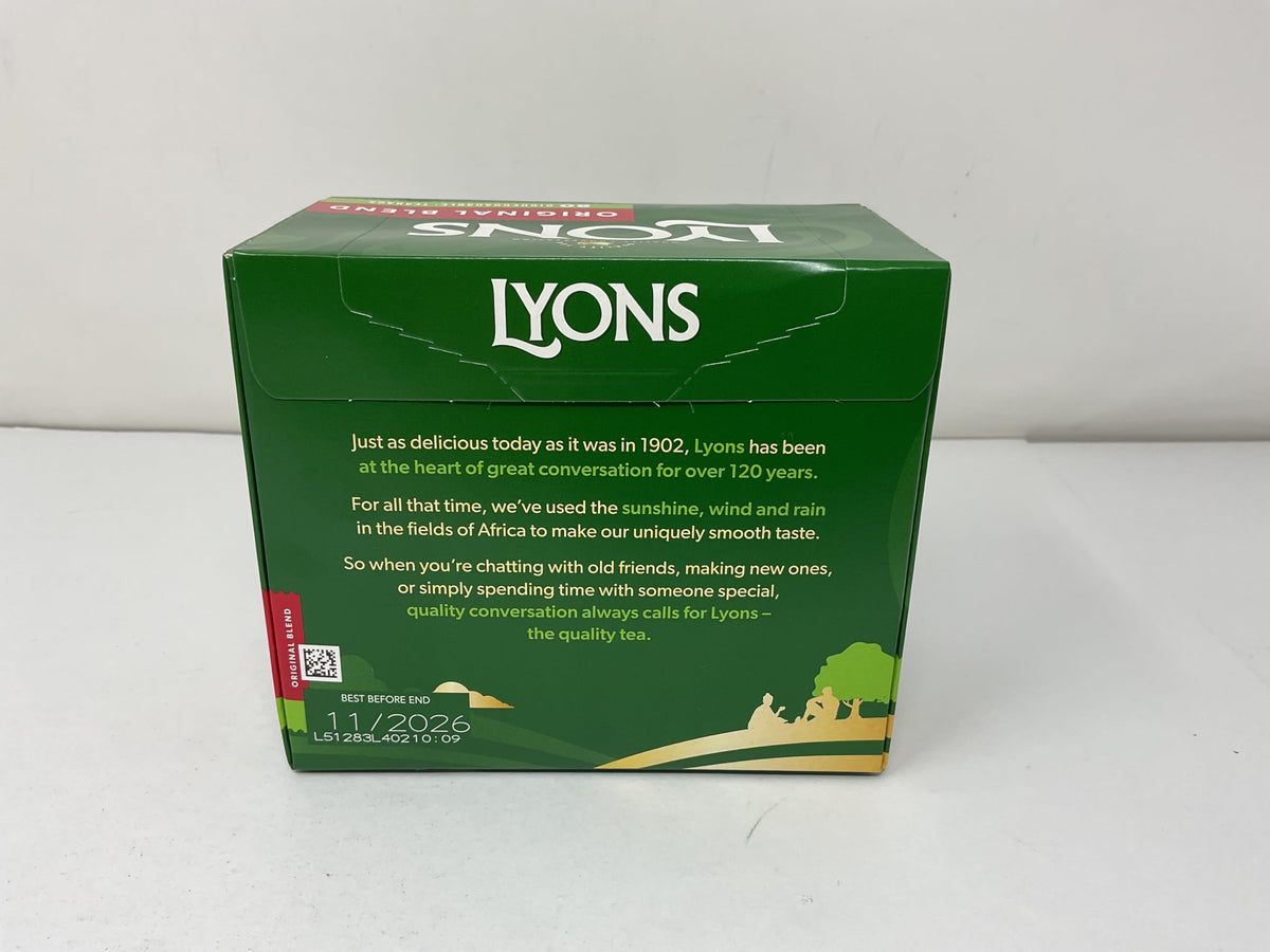 Lyons Original Blend Tea net weight label on packaging (250 g).