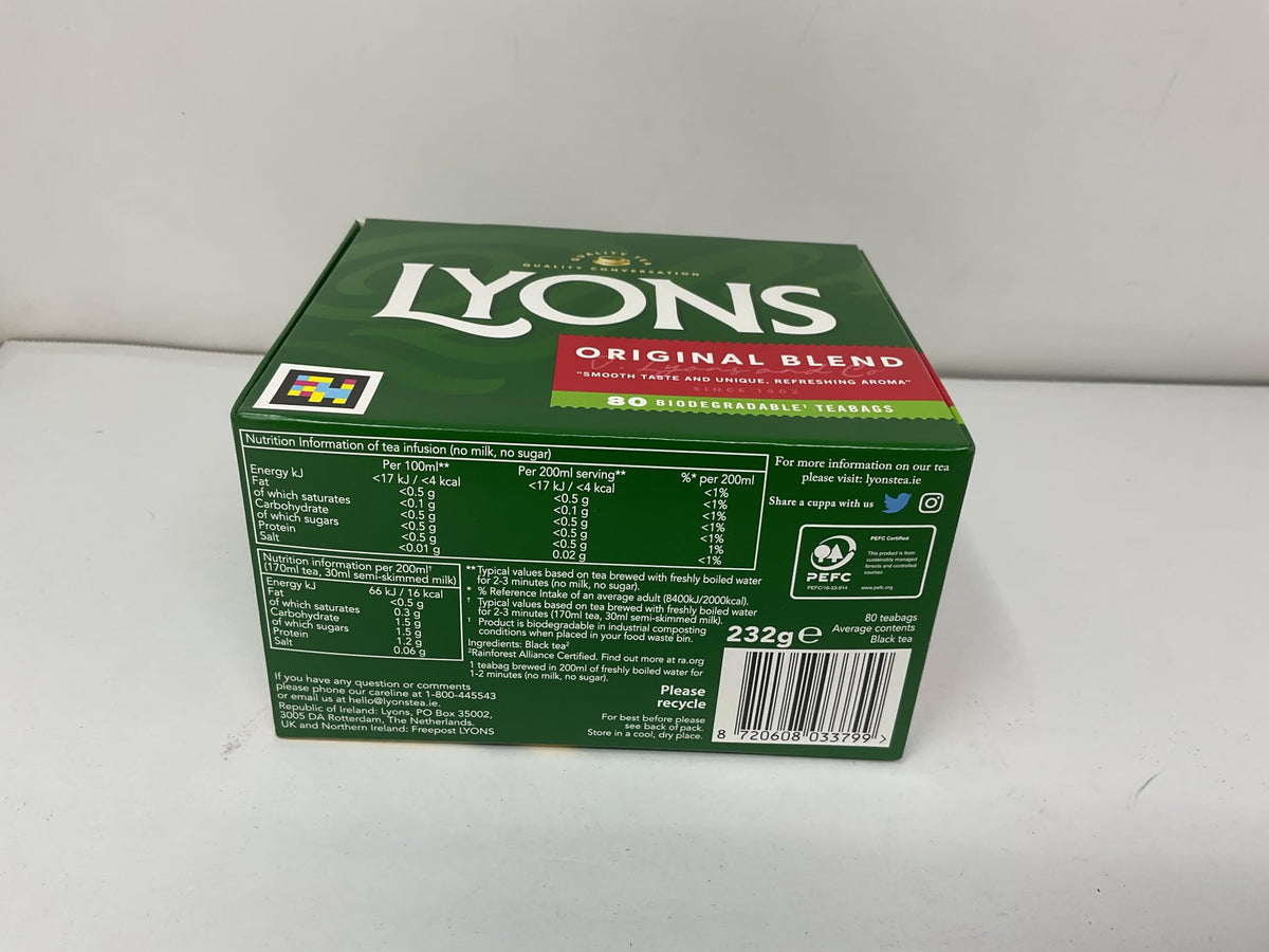 Lyons Original Irish Tea bags on a shelf, ready to brew a comforting cup.