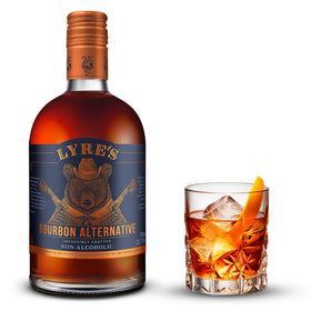 Lyre's American Malt bottle on bar for zero-proof bourbon substitute in cocktails.