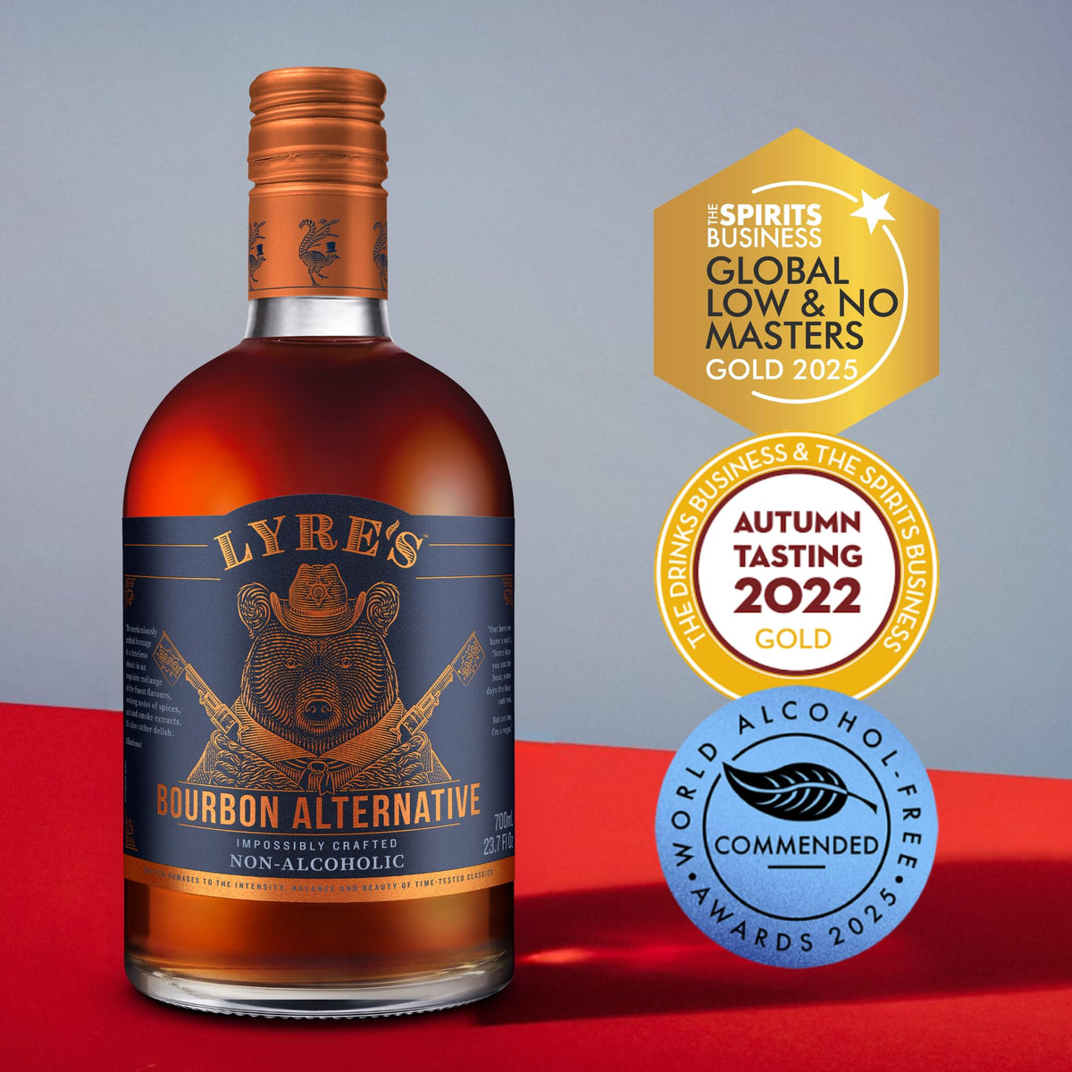Lyre's American Malt glass pour highlighting vanilla and oak notes in a non-alcoholic drink.
