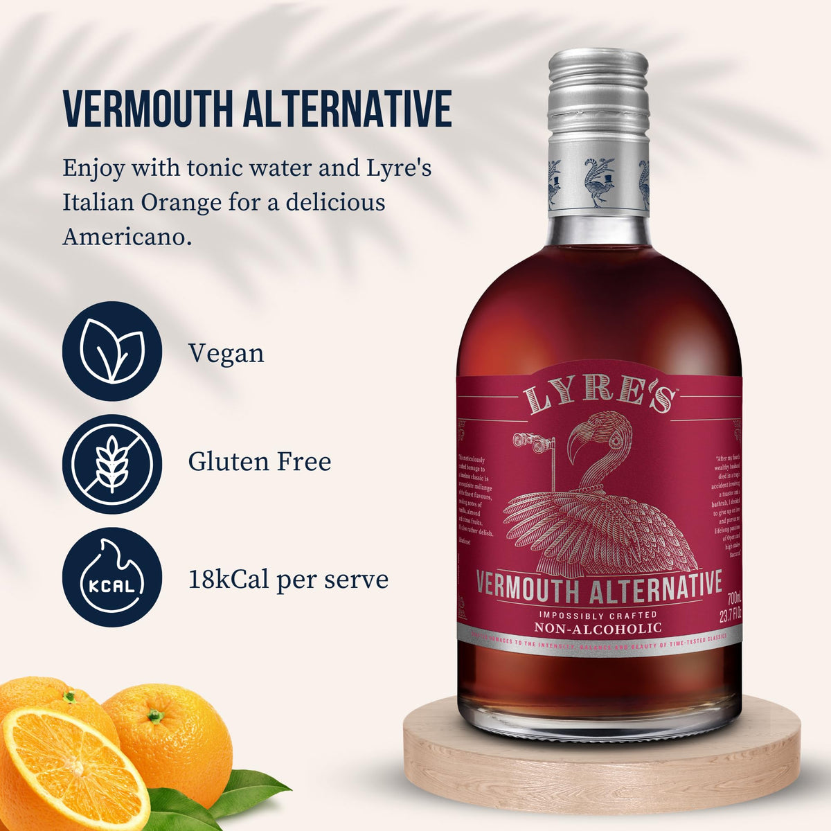 Lyre's Aperitif Rosso bottle and glass setup ideal for a zero-proof Negroni.