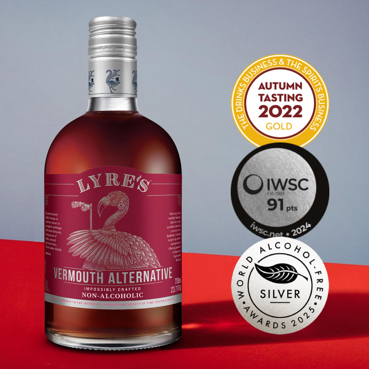 Lyre's Aperitif Rosso glass and pour showing rich color for non-alcoholic cocktails.