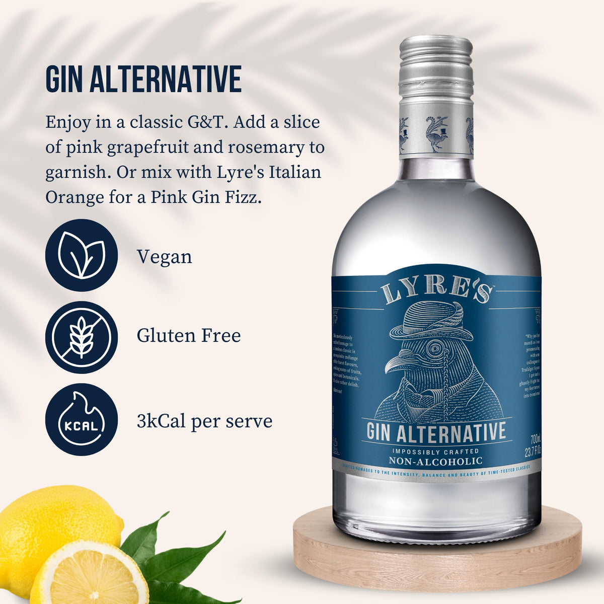 Lyre's Gin Alternative juniper citrus visual emphasizes balanced botanicals and refreshing zest.
