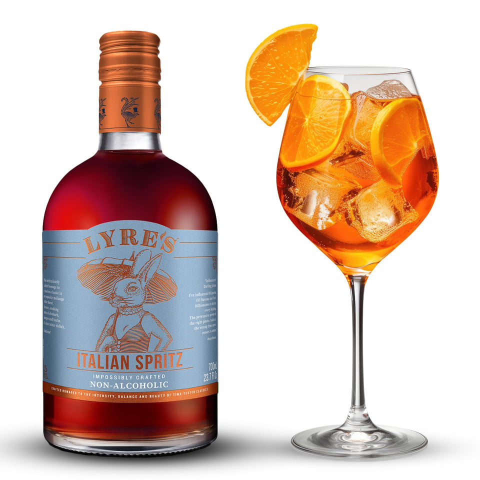 Lyre's Italian Spritz bottle with new screw cap for premium non-alcoholic aperitif.