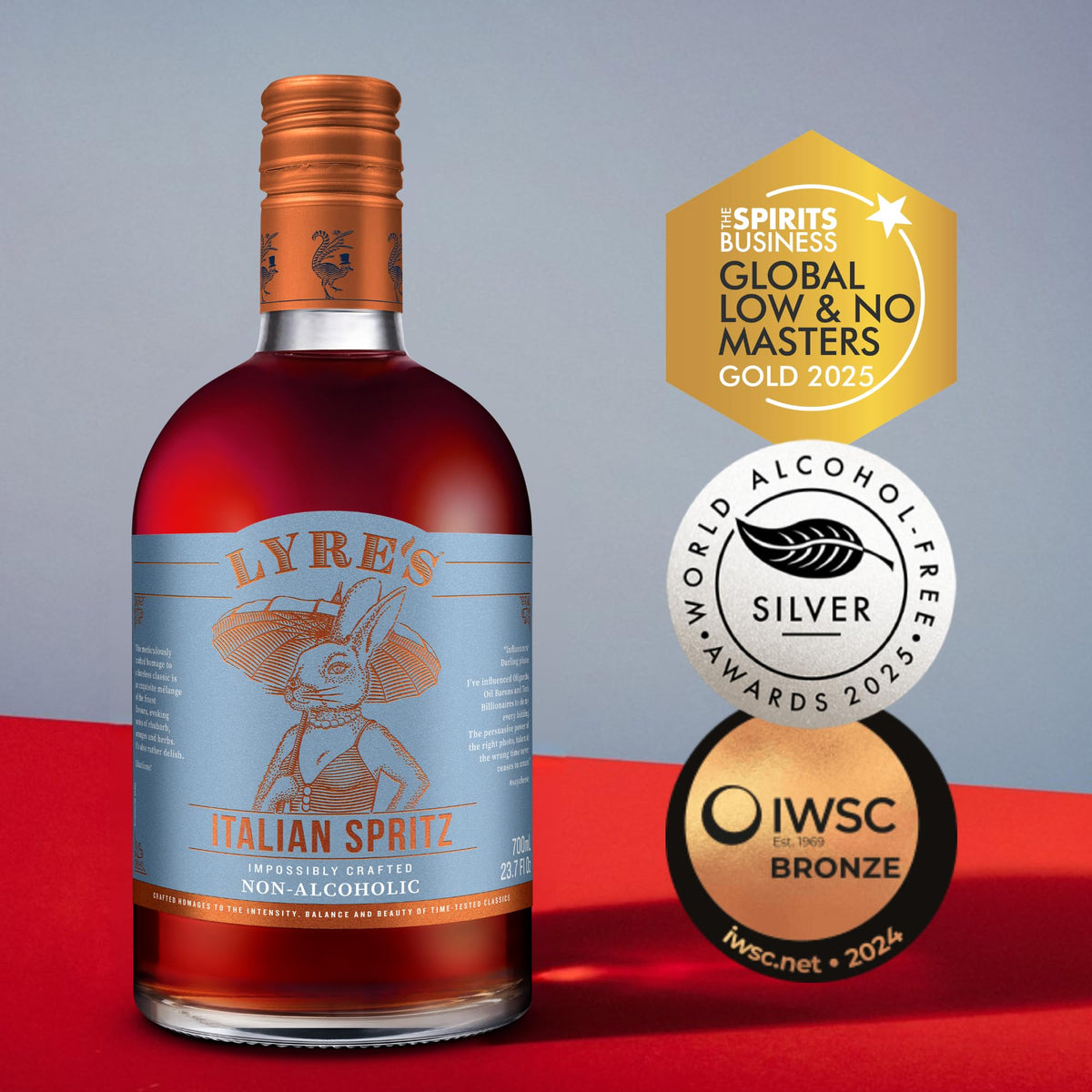 Lyre's Italian Spritz bottle shows orange-red color, ideal for premium mocktails.