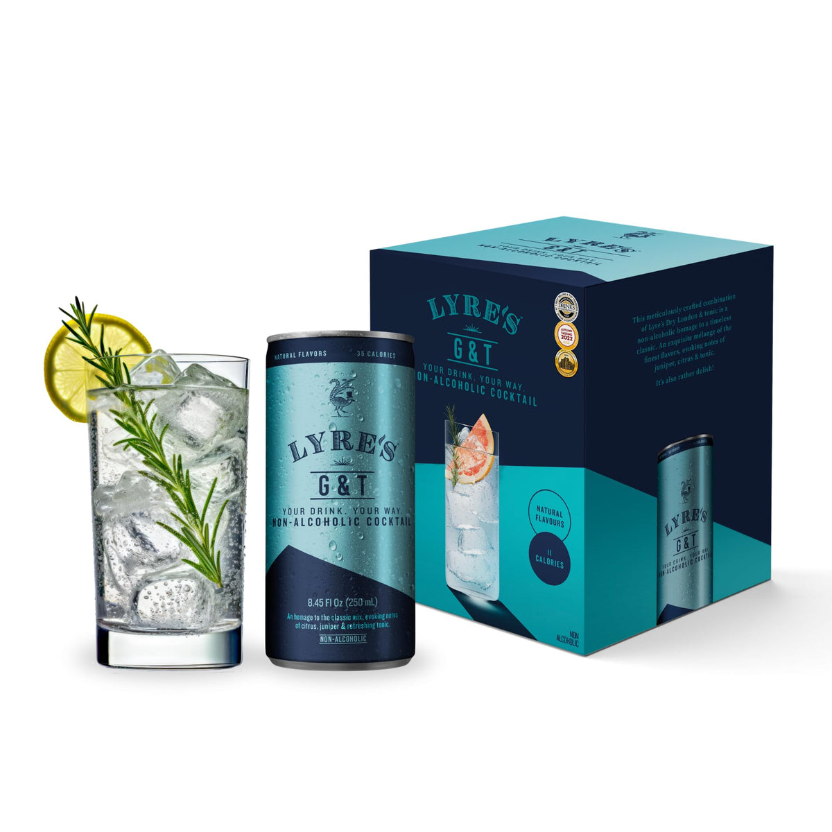 Lyre’s Non-Alcoholic G&T 4-Pack can front, premium alcohol-free option for any party.