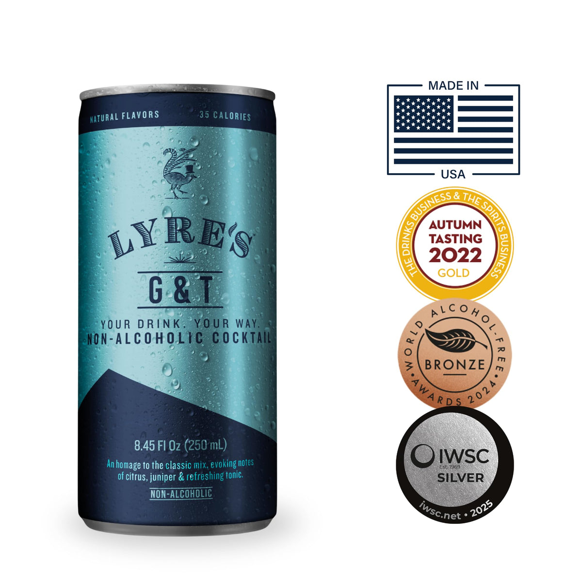 Close-up of Lyre’s G&T label signals award-winning quality and premium ingredients.