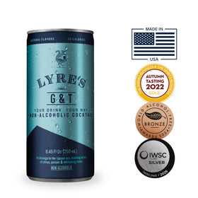 Close-up of Lyre’s G&T label signals award-winning quality and premium ingredients.