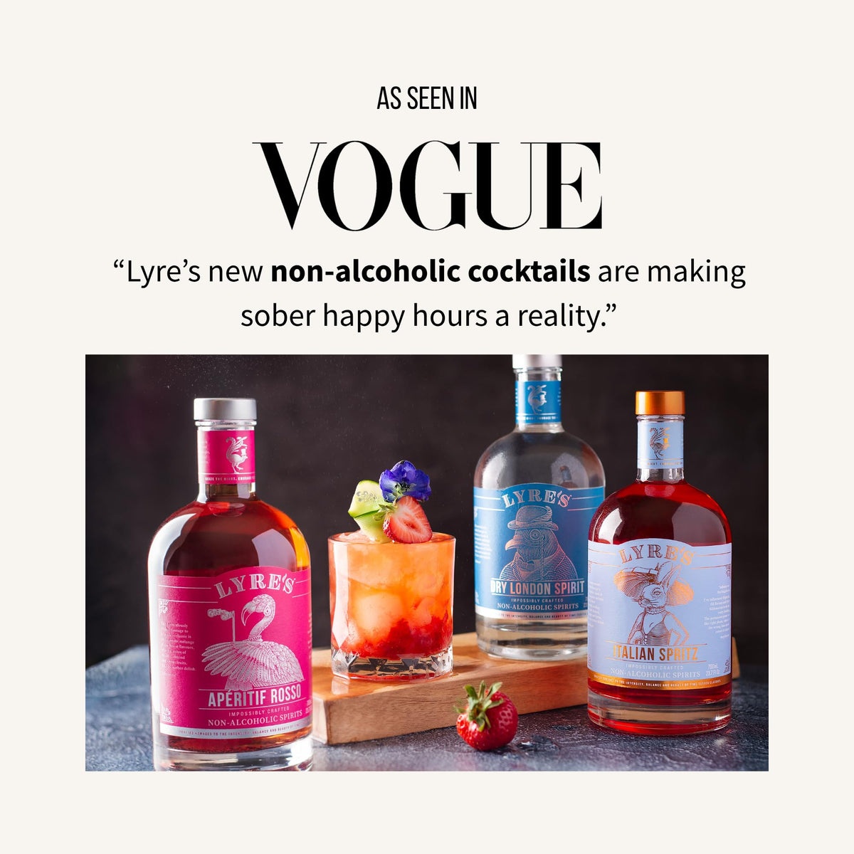 Close-up of Lyre's Vermouth Alternative label and glass for tasting.