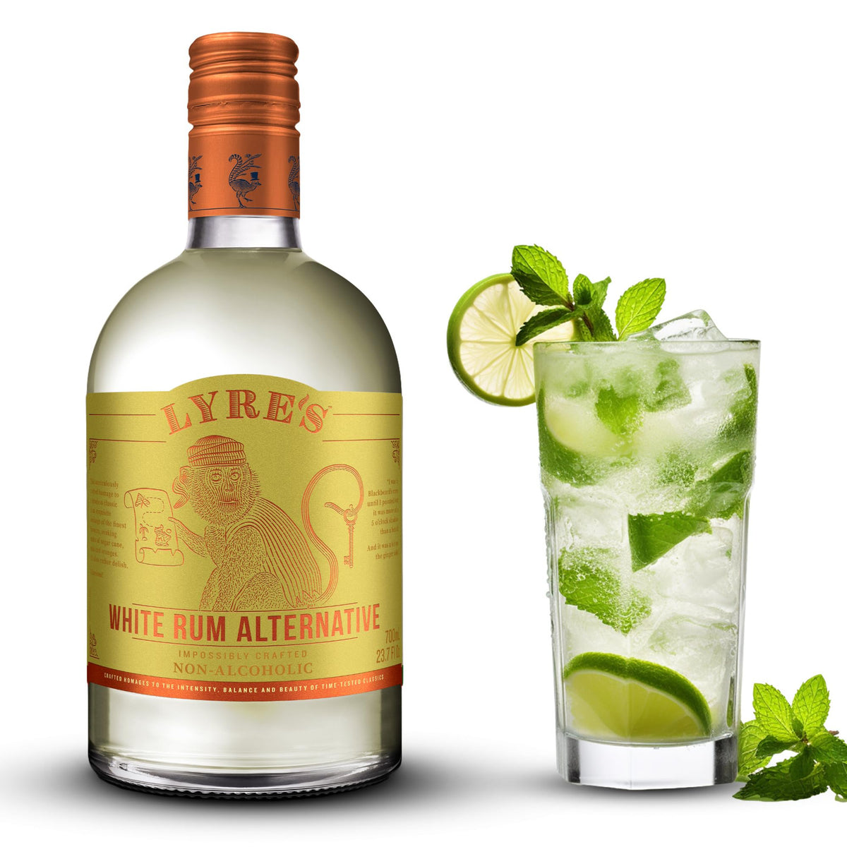 Lyre's White Cane Spirit bottle showcases zero proof flavor for mindful sipping.